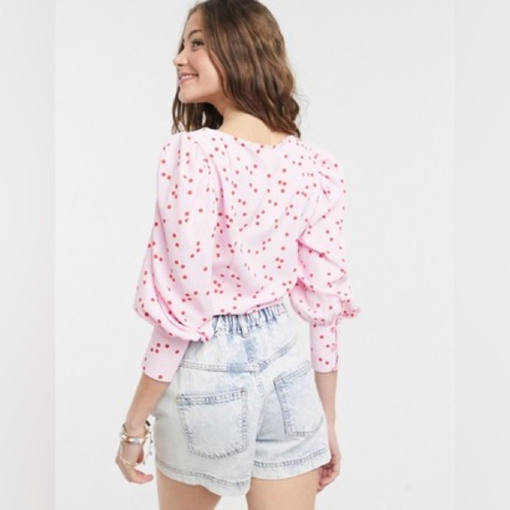 Miss Selfridge SQUARE NECK TOP WITH PUFF SLEEVES IN RED POLKA DOT-PINK, SZ 8 EUC - Picture 2 of 11